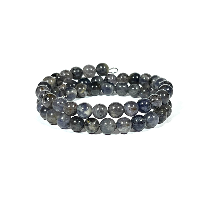 Two Coil Iolite Memory Wire Bracelet with 6mm Beads