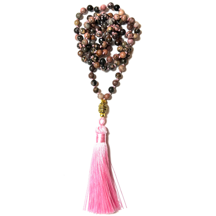 Hand-Knotted Rhodonite Mala Prayer Beads - Compassion and Emotional Healing