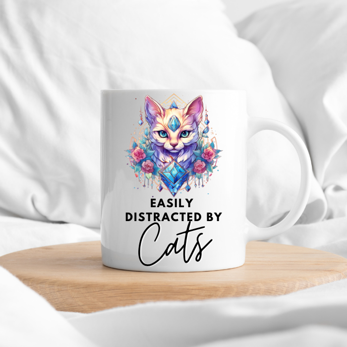 Whimsical Gemstone Cat Ceramic Coffee Mug: "Easily Distracted by Cats"