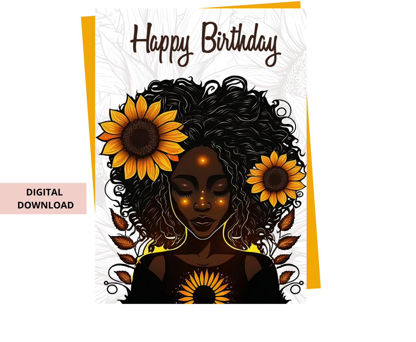 Empowered Beauty: 5x7 Digital Card Birthday Card featuring Beautiful African American Woman with Sunflowers