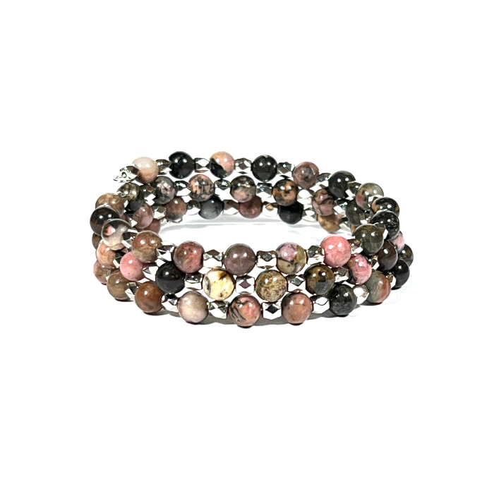 Three Coil Rhodonite Memory Wire Bracelet with 6mm Beads