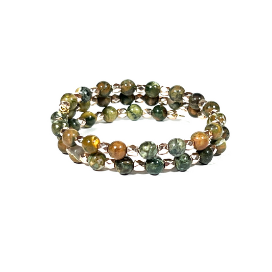 Two Coil Rhoylite Memory Wire Bracelet with 6mm Beads