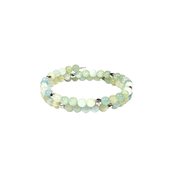 Two Coil Aquamarine Memory Wire Bracelet with 6mm Beads
