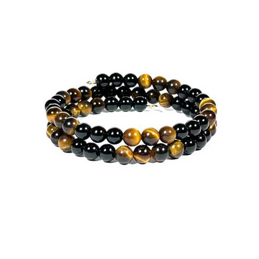 Two Coil Onyx & Tiger Eye Memory Wire Bracelet with 6mm Beads